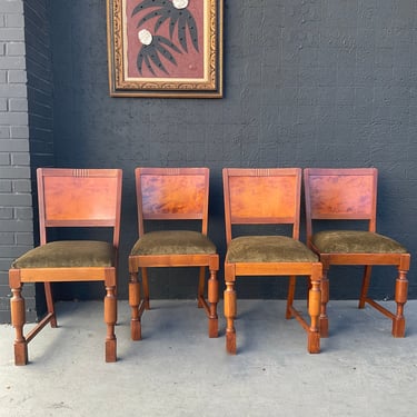 1940s Burl Dining Chairs with New Velvet Seats / Set of 4