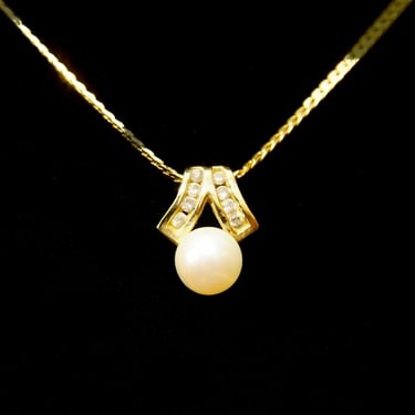Vintage 14K Pearl Solitaire Diamond Accent Pendant, Yellow Gold (8) Diamond Pave Ribbon Setting, Dainty 585 Pendant, Elegant, 16 1/2&quot; Long 