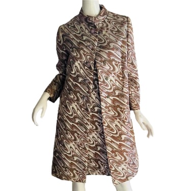 1960s Brocade Rhinestone Dress Coat Set Metallic Mod Swirl Coat and Dress Set 