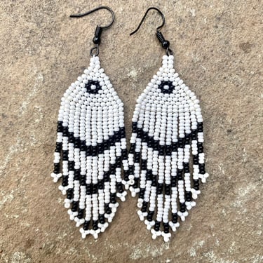 Beaded Dangle Earrings Floral Mod Earrings Drop Earrings White Black 