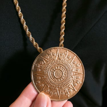 Vintage 70s Gold Aztec Mayan Calendar Medallion Necklace 