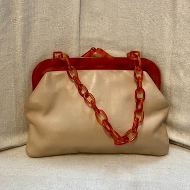 Vintage 40s 50s Leather Purse Handbag + BAKELITE Resin Frame + Chain Handle / Tan + Tortoise / KORET / Fresh 