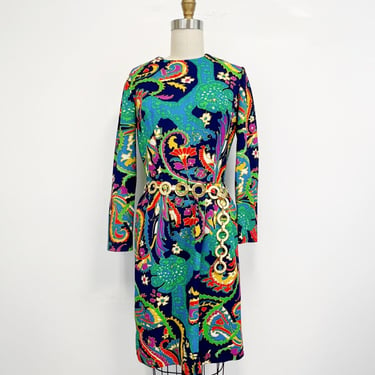 Vintage 1960s Mod Dress | Wild Print Polyester with Long Sleeves | Size Small 