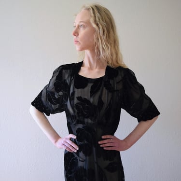 1930s 1940s black floral devore velvet dress . size xl 