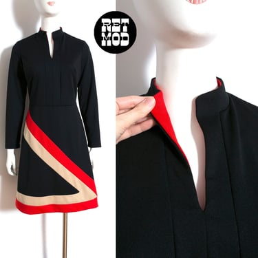 Fabulous Vintage 60s 70s Black Red Beige Stripe Long Sleeve Dress 