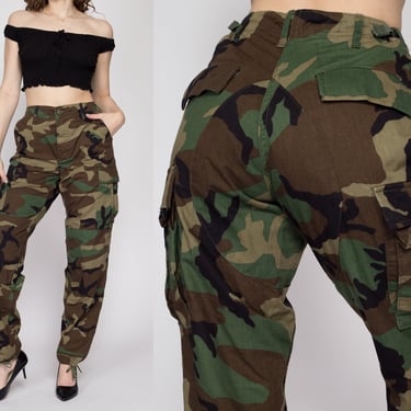 Sm-Med 90s Camo Cargo Field Pants 26"-30" | Vintage Unisex Military Olive Drab Camouflage Army Combat Trousers 