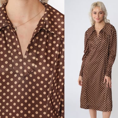 Brown Polka Dot Dress 70s Mod Midi Dress Long Sleeve Collared V Neck Retro Day Dress Secretary Seventies Boho Shift Vintage 1970s Large L 