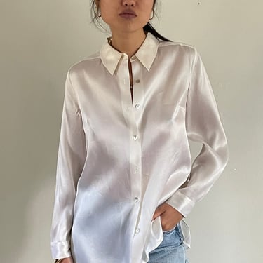 90s silk blouse / vintage milk white semi sheer 100% silk gossamer pearl button pointy collar capsule wardrobe shirt long blouse | Medium 