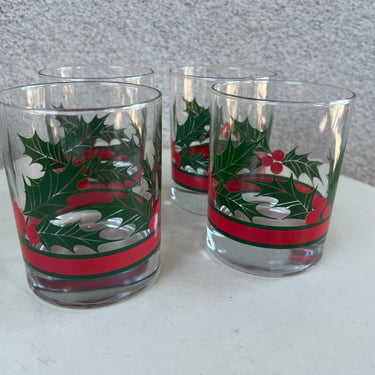 Vintage Christmas tumblers Holly Leaf Berries Theme Set 4 Rock Glasses Libbey 