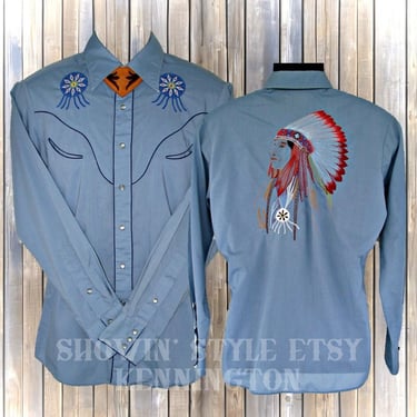 Kennington Rocking K Vintage Western Men's Cowboy Shirt, Native American Indian Chief Embroidery, Tag Size Large (see meas. photo) 