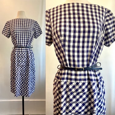 Vintage 50s Preppy GINGHAM Check Day Dress / Tiered Pleat Skirt + Side Metal Zip / Sir Rob 
