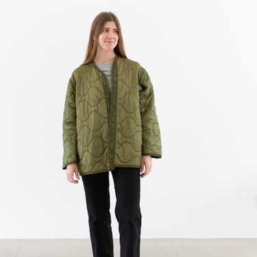 Vintage Green Liner Jacket | Unisex Wavy Quilted Nylon Coat | L | LI166 