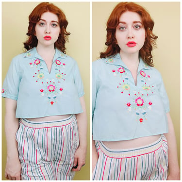 1970s Vintage Baby Blue Embroidered Peasant Blouse / 70s Rainbow Flower Embroidery Crop Top / Size XL 