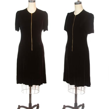 1930s Dress ~ Zip Front Rare Zipper Black Velvet Dress 