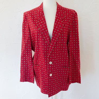 80s Red Abstract Printed Linen Cotton Blazer | Large 