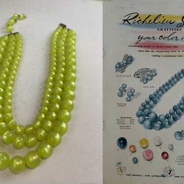 Your Colour Urge - Vintage 1950s Chartreuse MoonGlow Bead Necklace & Earring Set - Rare Colour 