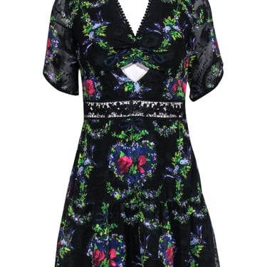 Anna Sui - Black Floral Mock Neck Short Sleeve Dress w/ Cutouts Sz 2