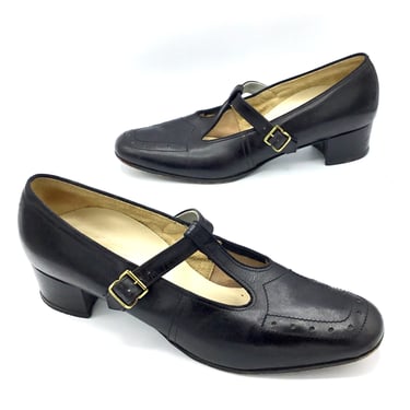Vintage 1960s Black Leather Polley Mary Janes, Foot So Port T-Bar Comfort Shoes, FSP Medium Chunky Heels, Size 9 1/2 US 