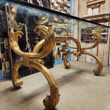 Dining Table with Scrolled Gilded Base and Glass Top