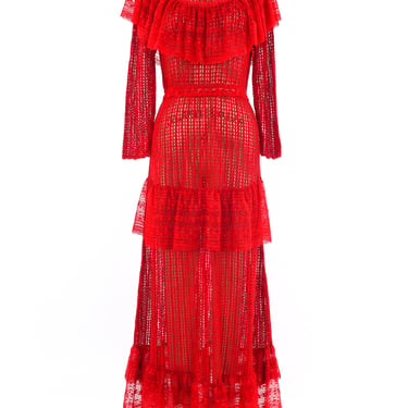 Red Lace Ruffle Crochet Maxi Dress