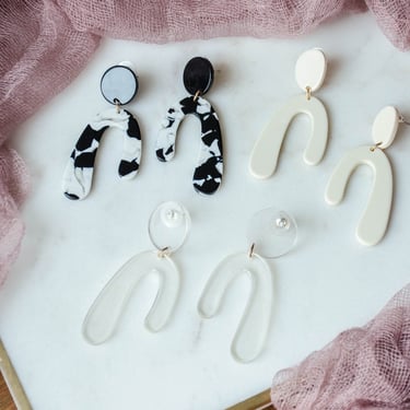 big resin earrings, fun funky abstract statement earrings, clear black white marbled acrylic handmade earrings, dangle drop earrings 