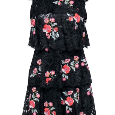 Rebecca Taylor - Black Lace Tiered Dress w/ Floral Embroidered Detail Sz 2