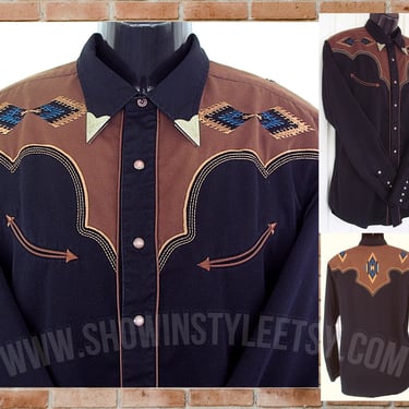 Roper Vintage Western Retro Men's Cowboy & Rodeo Shirt, Dark Brown, Embroidered Blue and Beige Arrow Tips, Approx Large (see meas. photo) 