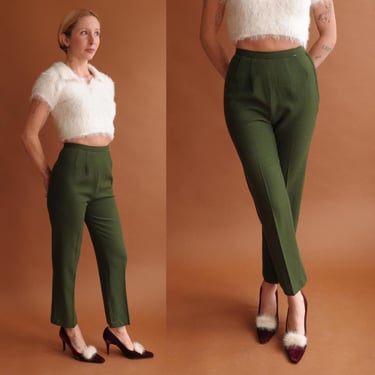 Vintage 50s Forest Green Cigarette Pants/ 1950s High Waisted Tapered Pants/ Size XS 23 