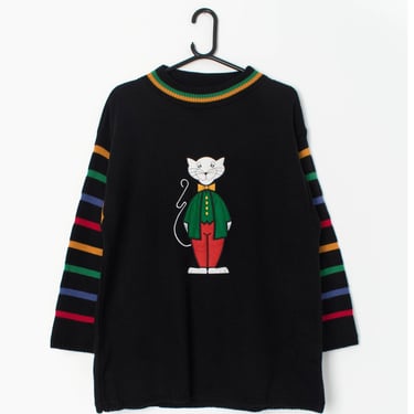 Vintage 90s white cat sweater in black with bright stripes - Medium / Large 