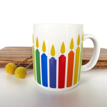 Vintage Rainbow Birthday Candle Mug, 80s Preppy Rainbow Celebrate Coffee Mug, LGBTQ Pride Mug 
