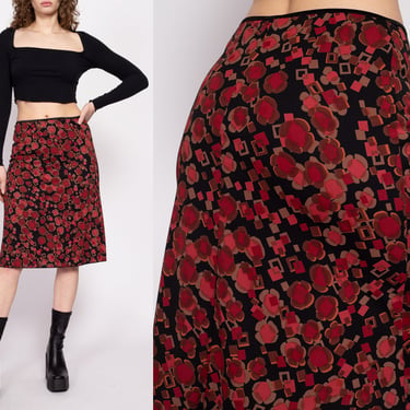 90s Red Floral Grunge Slip Skirt - Medium | Vintage High Waisted Stretchy Midi Skirt 