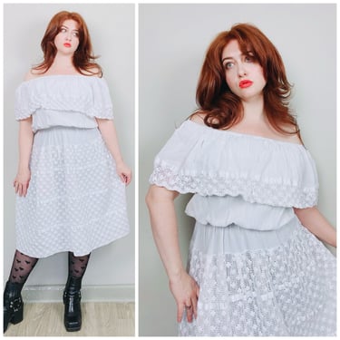 1980s Vintage White Cotton Crochet Off Shoulder Dress / Elastic Tiered Ruffled White Sundress / Size Large -XL 