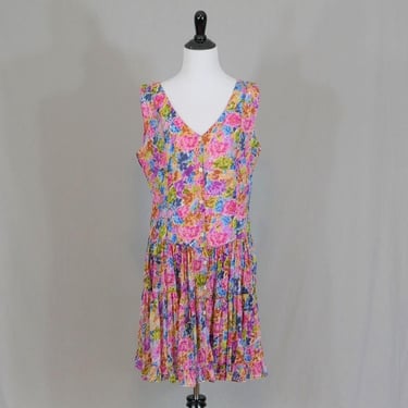 90s Pink Floral Crinkle Skirt Dress - XTEND Urbanwear - Sleeveless Summer Dress - Vintage 1990s - L 