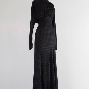 Dramatic 1930's OLD HOLLYWOOD Black Checkered Crepe Bias Cut Evening Gown / ML