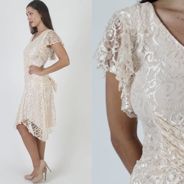 80s Deco Wedding Dress / Sheer Ivory Wrap Bodice / Plunging Deep V Neck / Sheer Floral Hanky Hem Skirt 