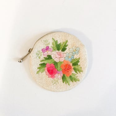 50s Fully Embroidered Cream and Multicolored Floral Circle Coin Change Purse 