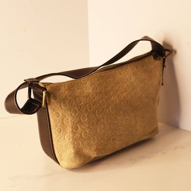Vintage CELINE Suede Nude Macadam Monogram Shoulder Bag with Buckle Strap Vintage C Purse Bronze Brown Leather Strap CÉLINE 