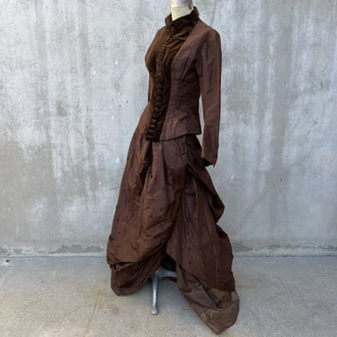 Antique Victorian Brown Silk Brocade Silk  Dress Bustle Velvet Buckle Vintage