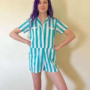 80’s Licorice Turquoise Striped Short Sleeve Romper