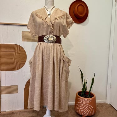 1970s Mary Martin Rainbow of California Tan Textured Fringe Chore Dress 