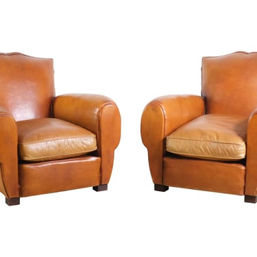 European Pair of Mustache Back Leather Club Chairs