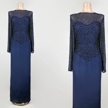 VINTAGE 90s Exquisite Navy Blue Silk Beaded Evening Gown by Alyce Designs | 1990s Sheer Sleeve Mother Of the Bride Dress Sz 18 | vfg 