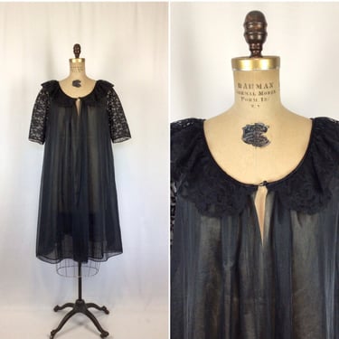 Vintage 60s robe | Vintage black chiffon lace peignoir | 1960s Vanity Fair sheer robe 