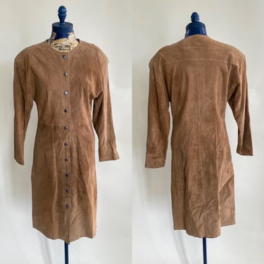 1980s Brown Leather Long Sleeve Front Snap Shift Dress. Medium. By Copperhive Vintage. 