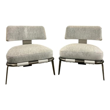 Caracole Modern White and Gray Burnout Velvet Airflow Slipper Chairs Pair