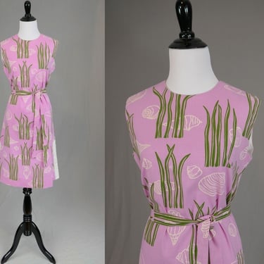 60s 70s Beach Print Dress - Seaweed & Seashells - Lilac Purple Green White - Sleeveless - Vintage 1960s 1970s - Johnny Appleseed's - M 