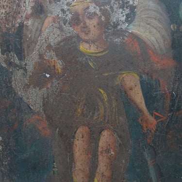 Antique 1800's Oil Painting on Tin, San Raphael Archangel, Votive Retablo Saint, Vintage Religious Church Art, Santos 