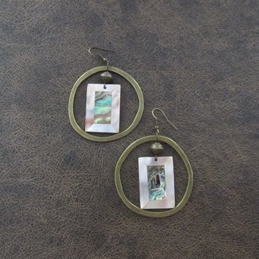 Bronze and mother of pearl abalone shell hoop earrings 