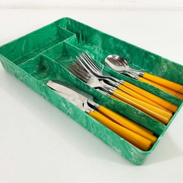 Vintage Utensil Caddy Organizer Silverware Storage Organization Kitchen Drawer 1960s Plastic Spoons Knives Forks Nu-Dell Marbled Green Tray 