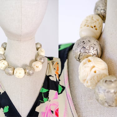 Vintage 80s Asian Ivory & Metal Dragon Story Carved Choker Necklace w/ Agate Beads | Statement Piece, Bohemian | 1980s Costume Party Jewelry 